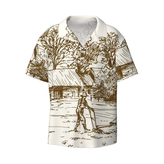 Fotbe Plowed Field With Horses print Short Sleeve Button Down Shirts for Men Casual Summer Beach Wrinkle Free Shirt-X-Large
