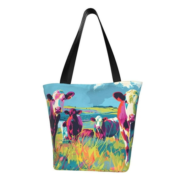 Fotbe Pop Art Colorful Cows Pattern Beach Tote,Shoulder Handbag,Spacious Tote Bag,Lightweight Travel Bag,Versatile Shopping Bag