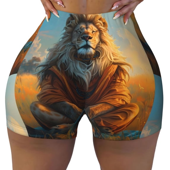 Fotbe Prairie Meditating Lion Seamless Shorts, Womens Workout Shorts High Waist Stretch Booty Short for Gym/Yoga/Running/Biking-X-Large