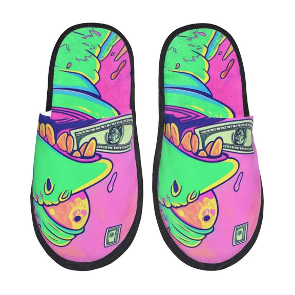 Fotbe Psychedelic Cartoon Frog Pattern Women's Fuzzy Slippers Plush Slippers Fluffy Winter House Shoes Indoor and Outdoor-Medium