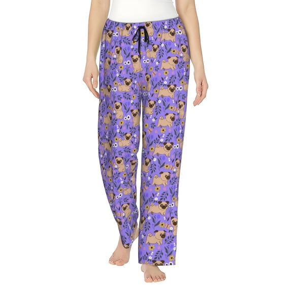 Fotbe Pugs and Flowers Women's Pajama Pants,Sleepwear Pants,Pj Bottoms Drawstring And Pockets-X-Large