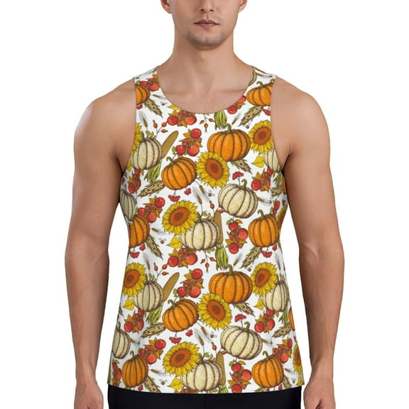 Fotbe Pumpkin Corn Daisy Pattern Men's Quick Dry Workout Tank Top Gym Muscle Tee Fitness Bodybuilding Sleeveless T Shirt Breathable Workout Shirt-3X-Large