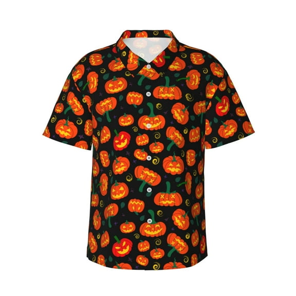Fotbe Pumpkin Fallen Leaves Hawaiian Shirt for Men Unisex Summer Beach Casual Short Sleeve Cotton Linen Button Down Shirts-XX-Large