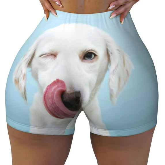 Fotbe Puppy Licks Nose Seamless Shorts, Womens Workout Shorts High Waist Stretch Booty Short for Gym/Yoga/Running/Biking-X-Large