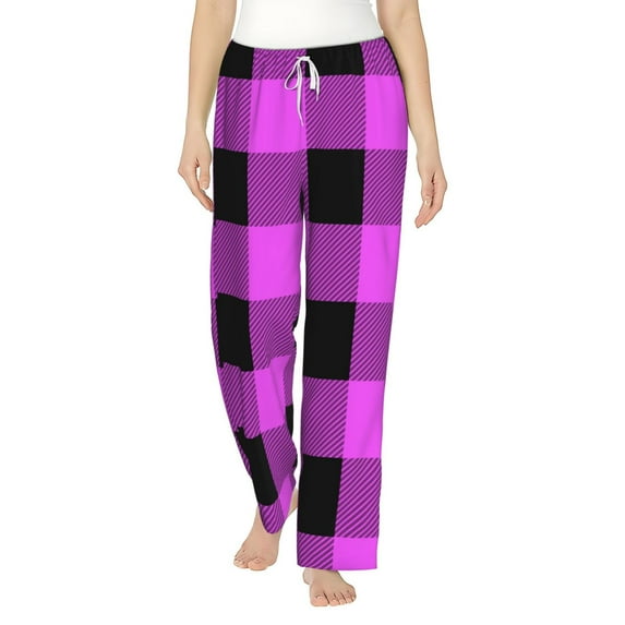 Fotbe Purple Black Buffalo Plaid Women's Pajama Pants,Sleepwear Pants,Pj Bottoms Drawstring And Pockets-Medium