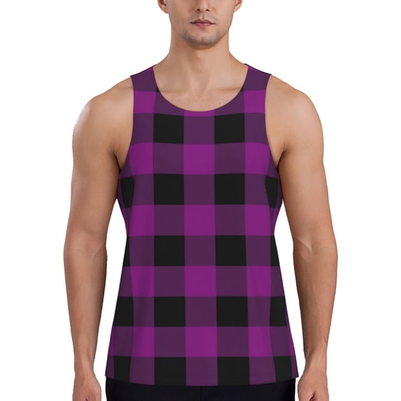 Fotbe Purple Black Plaid Pattern Men's Quick Dry Workout Tank Top Gym Muscle Tee Fitness Bodybuilding Sleeveless T Shirt Breathable Workout Shirt-Medium