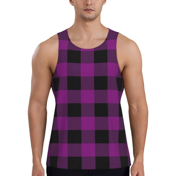 Fotbe Purple Black Plaid Pattern Men's Quick Dry Workout Tank Top Gym Muscle Tee Fitness Bodybuilding Sleeveless T Shirt Breathable Workout Shirt-