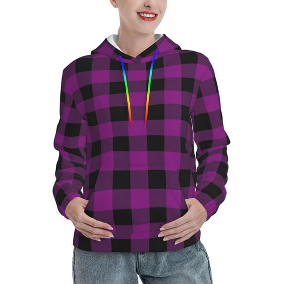 Fotbe Purple Black Plaid Pattern Womens Long Sleeve Hoodie, Pullover Hooded Sweatshirt, Kangaroo Pocket Hoodie with Eye-catching Drawstrings-XX-Large