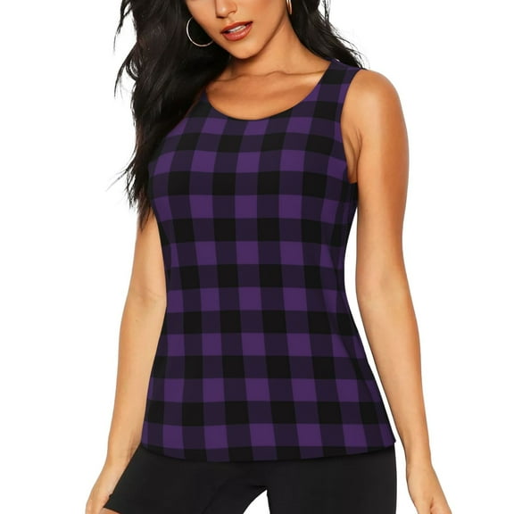 Fotbe Purple Black Plaid Womens Loose Fit Casual Flowy Slim-Fit Tank Tops Athletic Round Neck Trendy Sleeveless Summer Tops for Gym and Yoga-Small