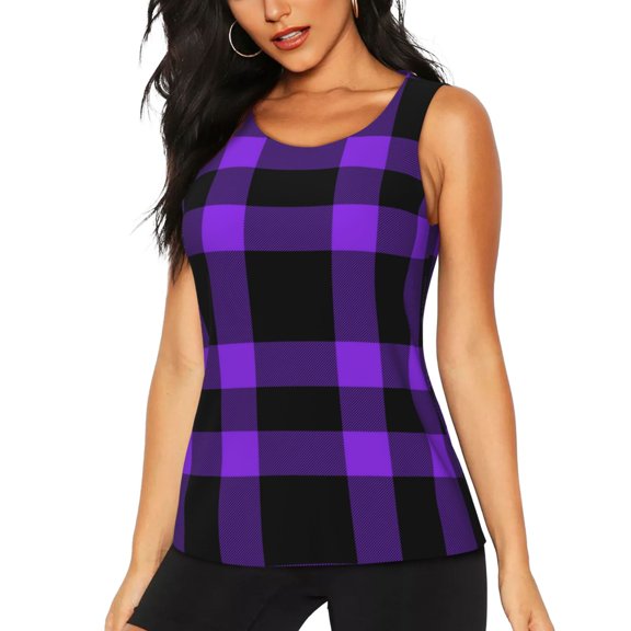 Fotbe Purple Buffalo Plaid Womens Loose Fit Casual Flowy Slim-Fit Tank Tops Athletic Round Neck Trendy Sleeveless Summer Tops for Gym and Yoga-XX-Large