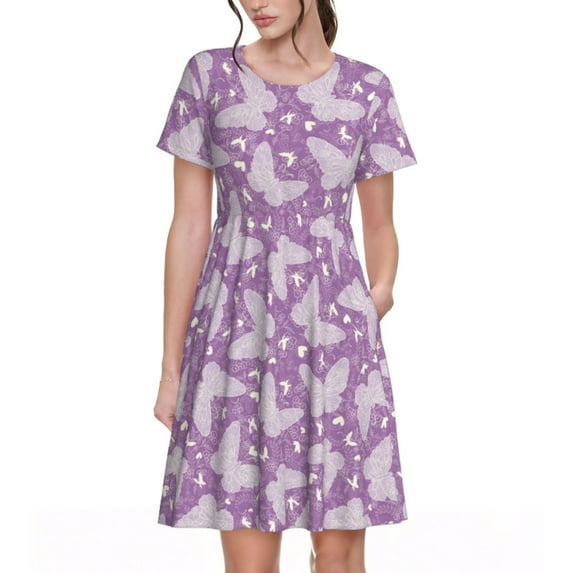 Fotbe Purple Butterflies Floral Pattern Dress Casual Womens Fashion Short Sleeve Maxi Dress T Shirt Dress Striped Long Color Block Maxi Dress