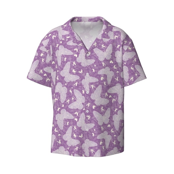 Fotbe Purple Butterflies Floral print Short Sleeve Button Down Shirts for Men Casual Summer Beach Wrinkle Free Shirt-Large