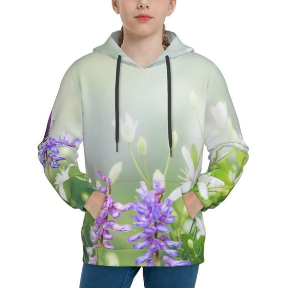 Fotbe Purple Butterfly On Wild Pattern Youth Pullover Hooded Sweatshirt, Boys Hoodie, Kangaroo Pocket Hoodie for Kids Girls -X-Large