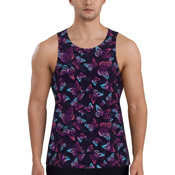 Fotbe Purple Butterfly Pattern Men's Quick Dry Workout Tank Top Gym Muscle Tee Fitness Bodybuilding Sleeveless T Shirt Breathable Workout Shirt-Medium