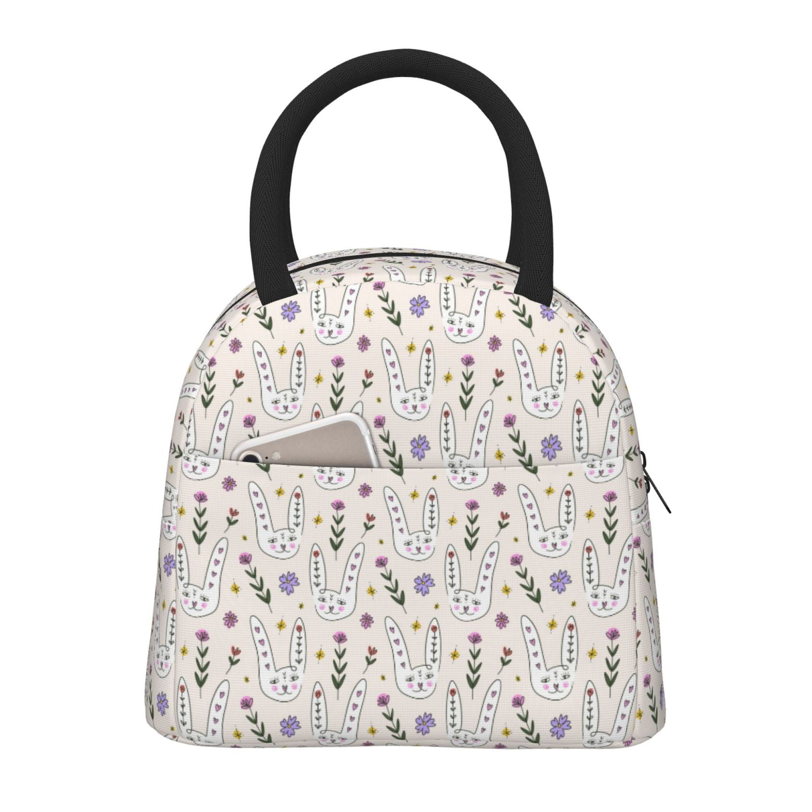 Fotbe Purple Flower Rabbit Pattern Lunch Bag, Insulated Lunch Box ...