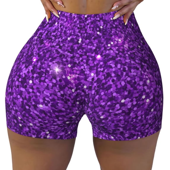 Fotbe Purple Glitter Seamless Shorts, Womens Workout Shorts High Waist Stretch Booty Short for Gym/Yoga/Running/Biking-X-Large