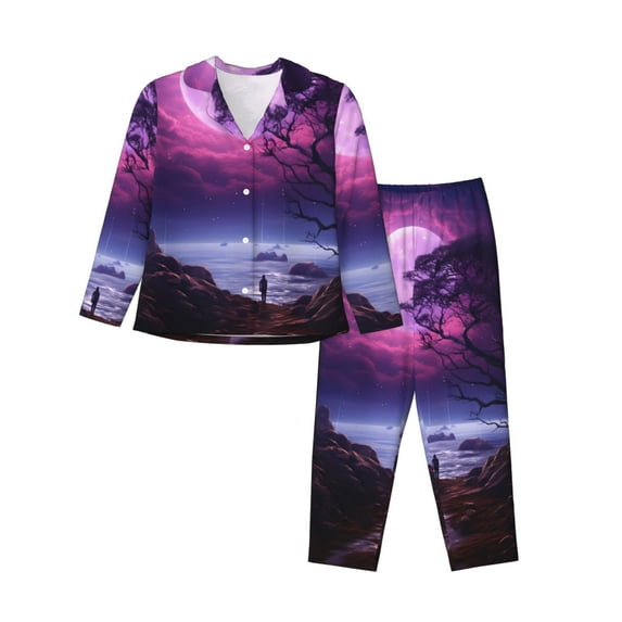 Fotbe Purple Moon Tree Night Sky Pattern Long Sleeve Pajama Set for Women,Sleepwear Set,2-piece Loungewear Set,Soft PJs Comfy Nightwear with Pockets -XX-Large
