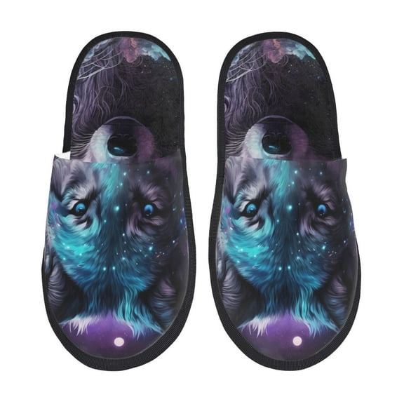 Fotbe Purple Sky Wolf Pattern Women's Fuzzy Slippers Plush Slippers Fluffy Winter House Shoes Indoor and Outdoor-Large