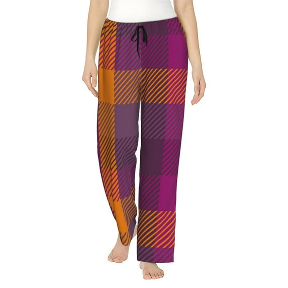 Fotbe Purple Yellow Buffalo Plaid Women's Pajama Pants,Sleepwear Pants,Pj Bottoms Drawstring And Pockets-X-Large