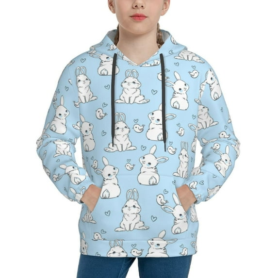 Fotbe Rabbit And Bird Pattern Youth Pullover Hooded Sweatshirt, Boys Hoodie, Kangaroo Pocket Hoodie for Kids Girls -X-Large