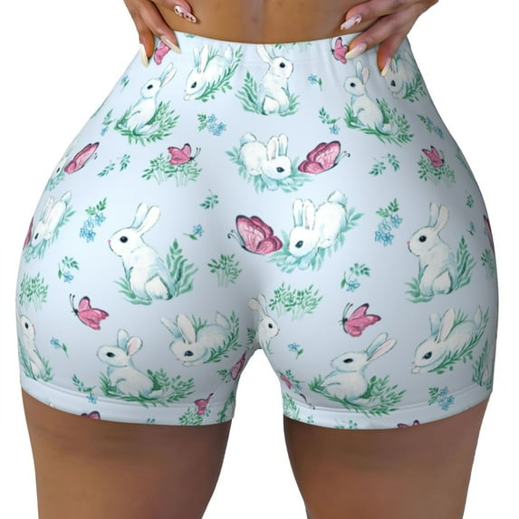 Fotbe Rabbit And Butterfly Seamless Shorts, Womens Workout Shorts High Waist Stretch Booty Short for Gym/Yoga/Running/Biking-Small