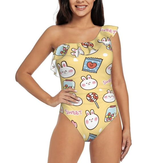 Fotbe Rabbit And Candy Women's One Piece Swimsuits One Shoulder Swimwear Ruched Tummy Control Bathing Suits Cutout Monokini-Medium