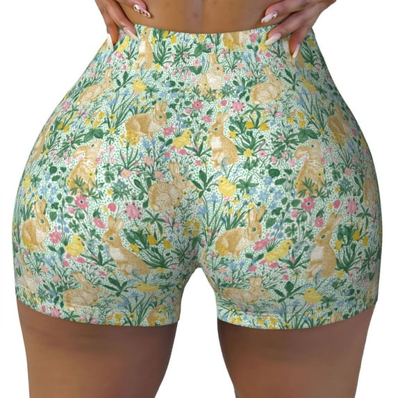 Fotbe Rabbit And Chick Seamless Shorts, Womens Workout Shorts High Waist Stretch Booty Short for Gym/Yoga/Running/Biking-Medium