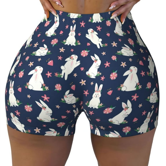 Fotbe Rabbit And Flower Seamless Shorts, Womens Workout Shorts High Waist Stretch Booty Short for Gym/Yoga/Running/Biking-Small