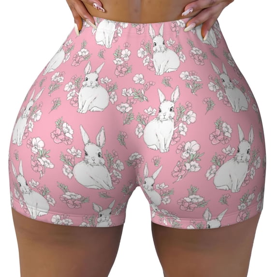 Fotbe Rabbit And Flower Seamless Shorts, Womens Workout Shorts High Waist Stretch Booty Short for Gym/Yoga/Running/Biking-XX-Large