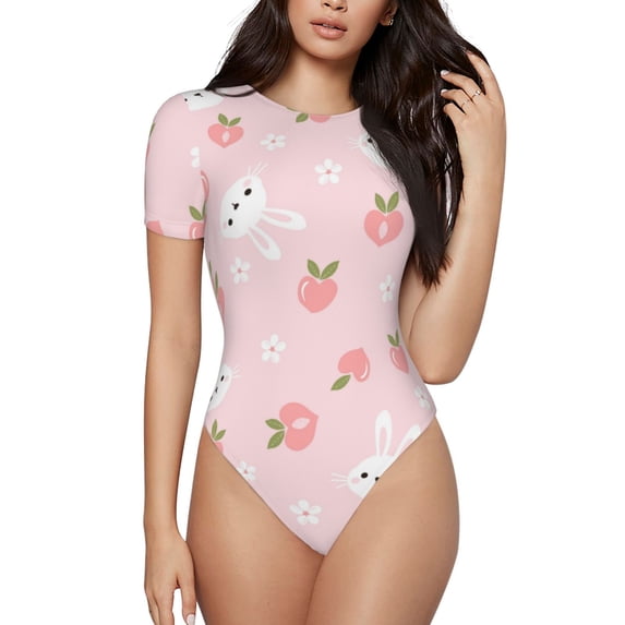 Fotbe Rabbit And Peach Women's Crew Neck Short Sleeves Bodysuit Tops Round Neck Slim Sleeveless Soft Comfortable Basic-X-Large