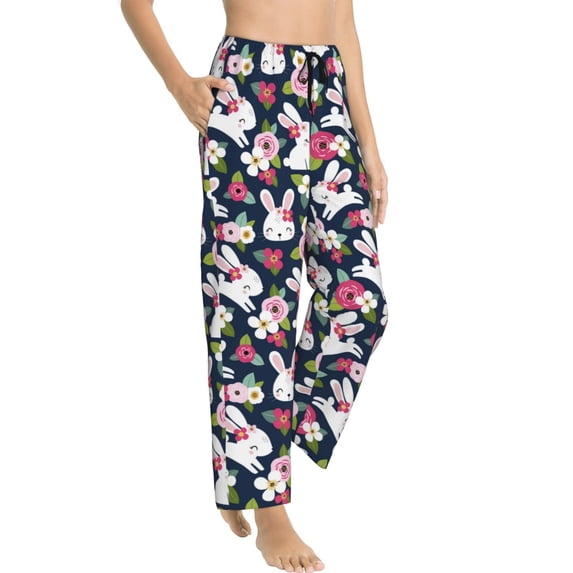 Fotbe Rabbit And Rose Women's Pajama Pants,Sleepwear Pants,Pj Bottoms Drawstring And Pockets-Small