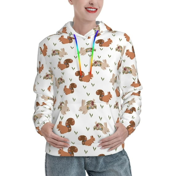 Fotbe Rabbit And Squirrel Pattern Womens Long Sleeve Hoodie, Pullover Hooded Sweatshirt, Kangaroo Pocket Hoodie with Eye-catching Drawstrings-Medium