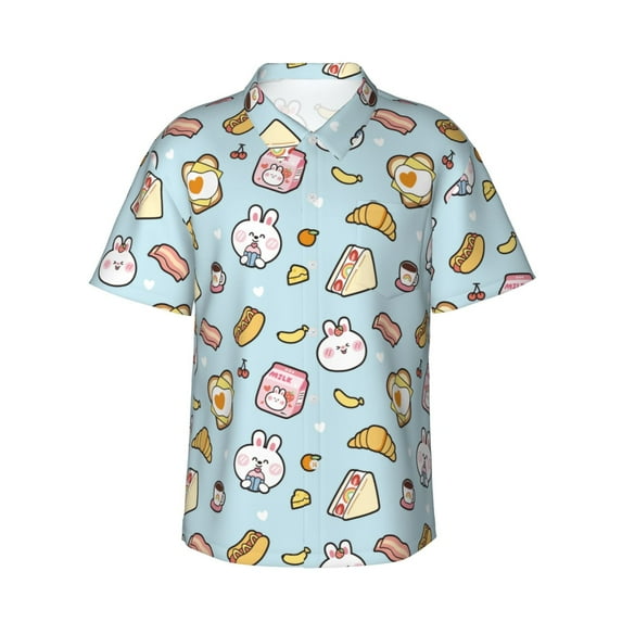 Fotbe Rabbit Burger Coffee Hawaiian Shirt for Men Unisex Summer Beach Casual Short Sleeve Cotton Linen Button Down Shirts-X-Large