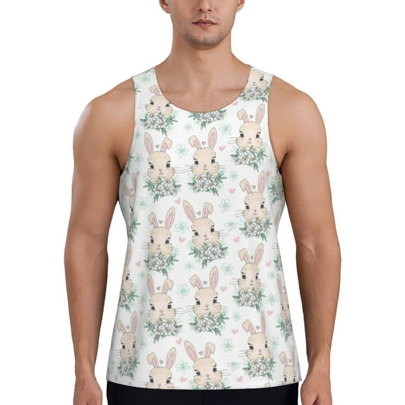 Fotbe Rabbit And Flower Pattern Men's Quick Dry Workout Tank Top Gym Muscle Tee Fitness Bodybuilding Sleeveless T Shirt Breathable Workout Shirt-3X-Large