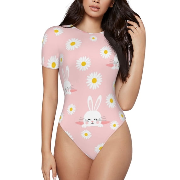 Fotbe Rabbit Sunflower Women's Crew Neck Short Sleeves Bodysuit Tops Round Neck Slim Sleeveless Soft Comfortable Basic-X-Large