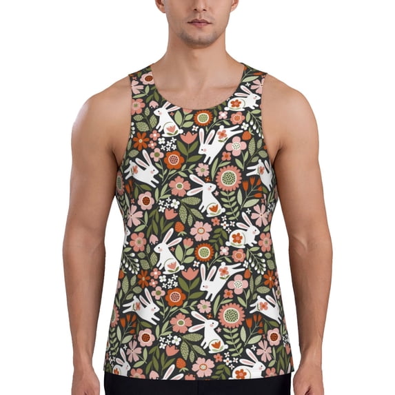 Fotbe Rabbits on Floral Pattern Men's Quick Dry Workout Tank Top Gym Muscle Tee Fitness Bodybuilding Sleeveless T Shirt Breathable Workout Shirt-Medium