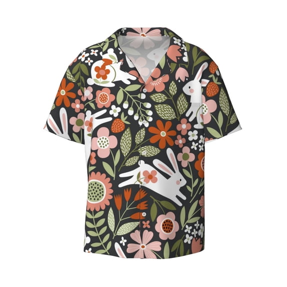 Fotbe Rabbits on Floral print Short Sleeve Button Down Shirts for Men Casual Summer Beach Wrinkle Free Shirt-4X-Large