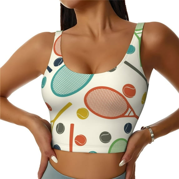 Fotbe Racket and Tennis Ball Pattern Womens' Sports Bra Longline Wirefree Padded with Medium Support Sports Moisture-Wicking Workou Vest,Tank Top-X-Large