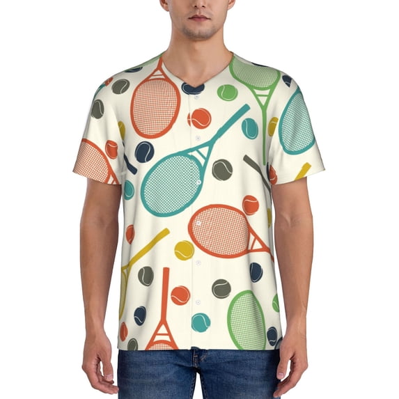 Fotbe Racket and Tennis Ball Baseball Jersey Shirt for Men and Women, Casual Short Sleeves Button Down T-Shirt-Small