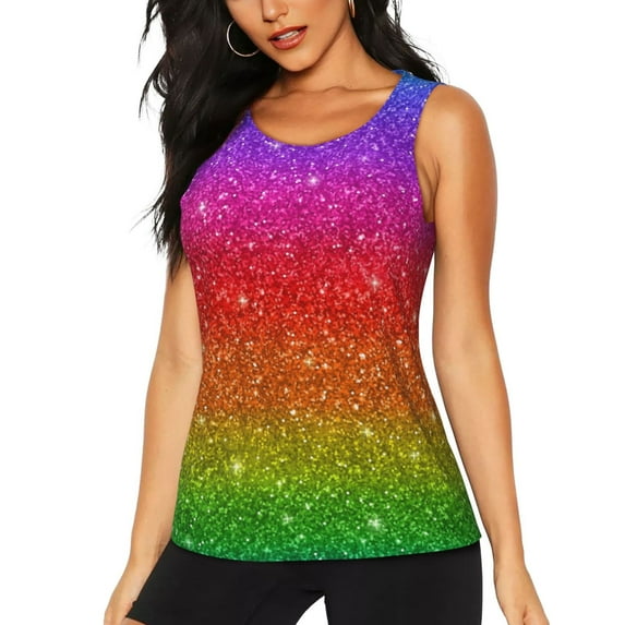 Fotbe Rainbow Glitter Womens Loose Fit Casual Flowy Slim-Fit Tank Tops Athletic Round Neck Trendy Sleeveless Summer Tops for Gym and Yoga-X-Large