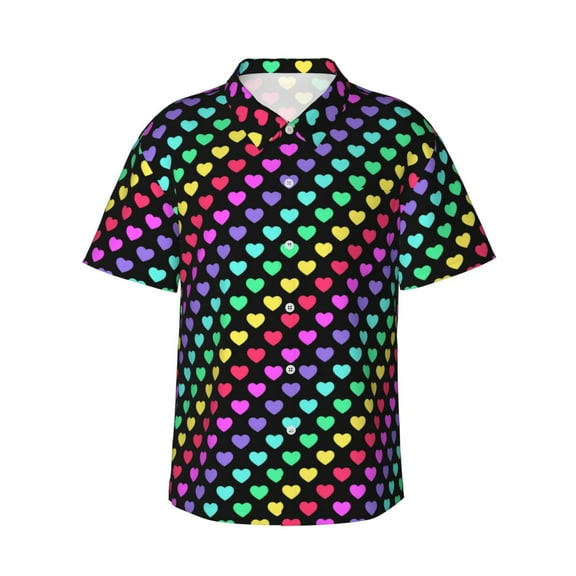 Fotbe Rainbow Hearts Hawaiian Shirt for Men Unisex Summer Beach Casual Short Sleeve Cotton Linen Button Down Shirts-3X-Large