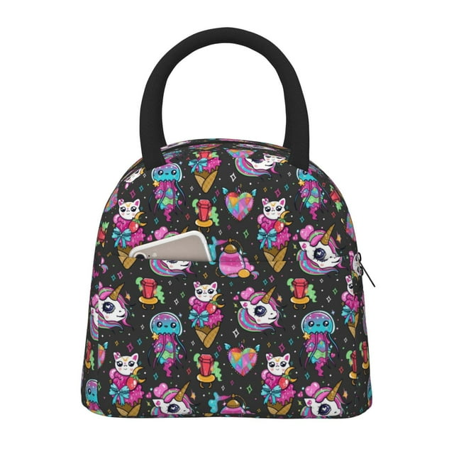 Fotbe Rainbow Unicorn And Cat Icecream Pattern Lunch Bag, Insulated Lunch Box, Small Leakproof Cooler Food Lunch Containers Reusable High Capacity Lunch Tote Bags for Work, Travel, Outdoor