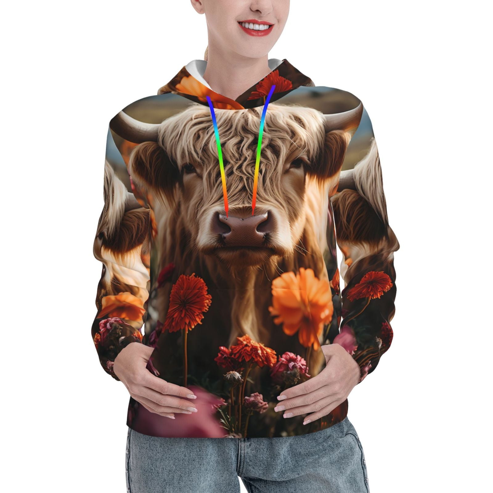 Pink Cartoon Cow Pattern Print Women Men Pullover Hoodie
