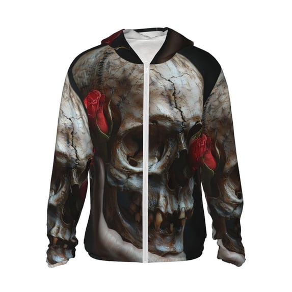 Fotbe Realistic Rose Skull Men's Women's UPF 50+ Sun Protection Jacket Hooded Cooling Shirt with Pockets Hiking Outdoor Performance-Small