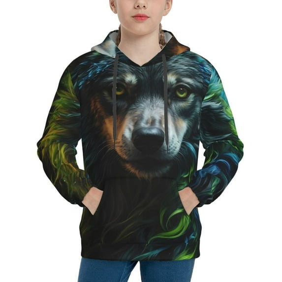 Fotbe Realistic Style Colorful Wolf A Pattern Youth Pullover Hooded Sweatshirt, Boys Hoodie, Kangaroo Pocket Hoodie for Kids Girls -Small