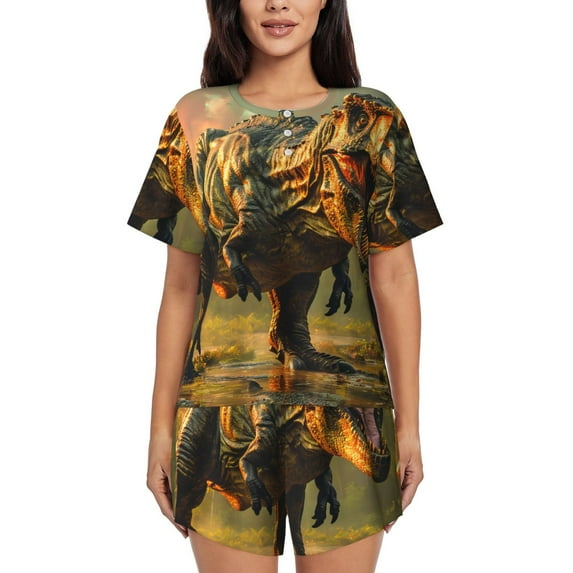 Fotbe Realistic Style Forest Dinosaur Print Pajama Set for Women 2 Piece Loungewear Short Sleeve Tops and Shorts Set Soft Sleepwear-Medium
