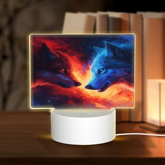 Fotbe Red And Blue Fire Wolf Pattern Acrylic Night Light Gift with 3 Color ModesTouch-Sensitive LED Lamp Perfect Gift for Mother's Day, Birthday, or Christmas