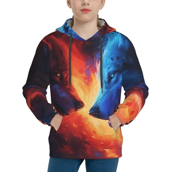 Fotbe Red And Blue Fire Wolf Pattern Youth Pullover Hooded Sweatshirt, Boys Hoodie, Kangaroo Pocket Hoodie for Kids Girls -Medium