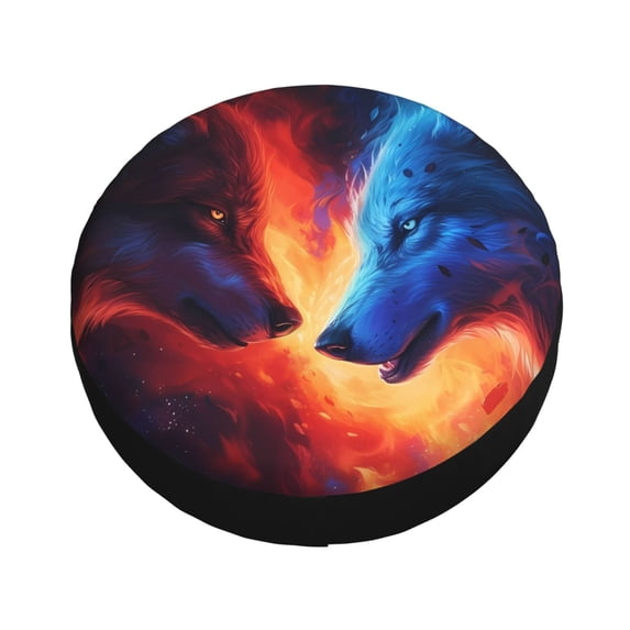 Fotbe Red And Blue Fire Wolf Spare Tire Cover Thickening Universal Fit for Jeep, Trailer, RV, SUV, Truck, Tough Tire Wheel Soft Cover-17 inch