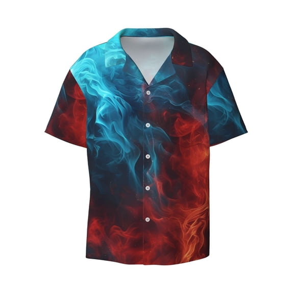 Fotbe Red And Blue Fire print Short Sleeve Button Down Shirts for Men Casual Summer Beach Wrinkle Free Shirt-Small